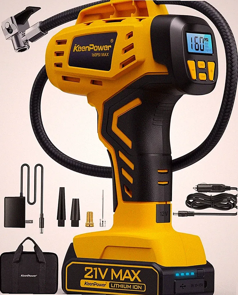 KeenPower Tire Inflator Portable Air Compressor - 2X Faster - 21V Yellow
