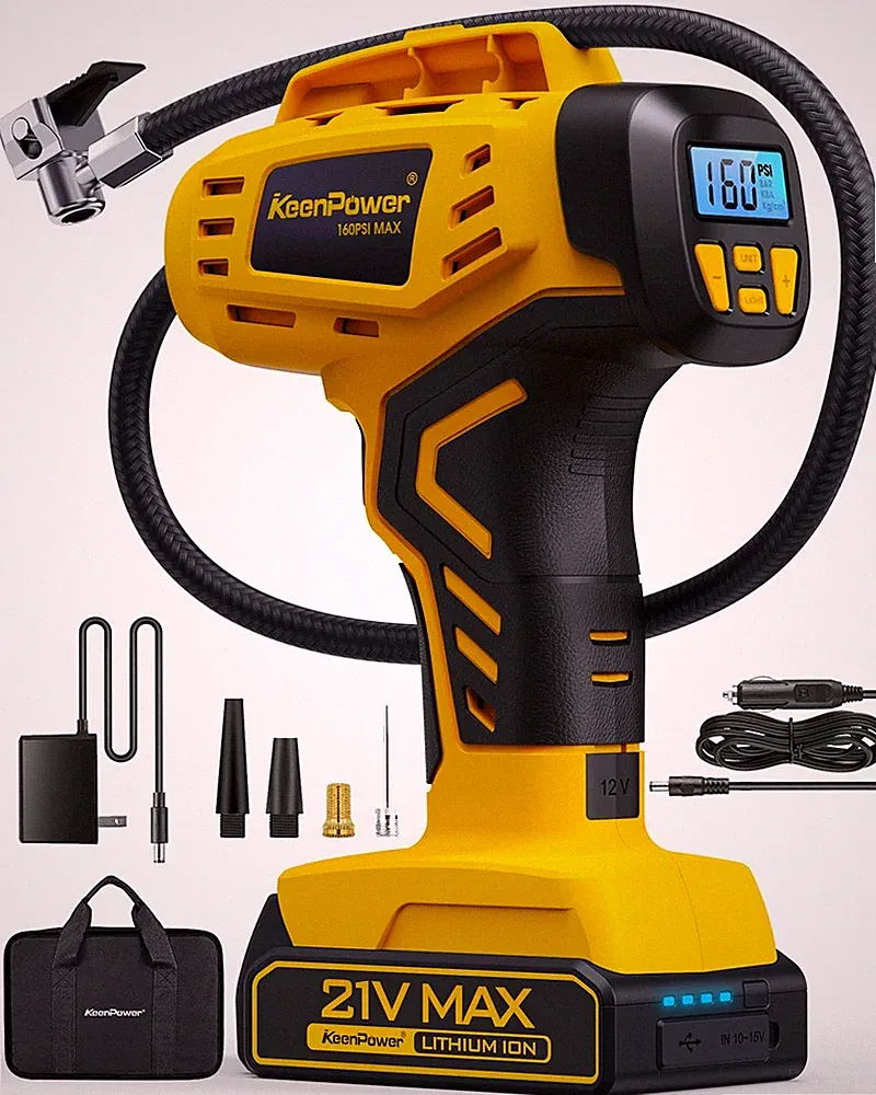 KeenPower Tire Inflator Portable Air Compressor - Super Fast - 21V Yellow
